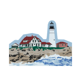 3/4" thick wooden Lighthouse and coastal scene with houses and birds on a white background