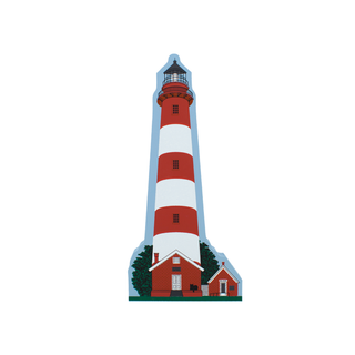 3/4" wooden replica with an illustration of a red and white lighthouse on a white background