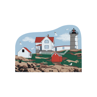 3/4" thick wooden Illustration of a lighthouse and surrounding buildings with a blue sky and birds.
