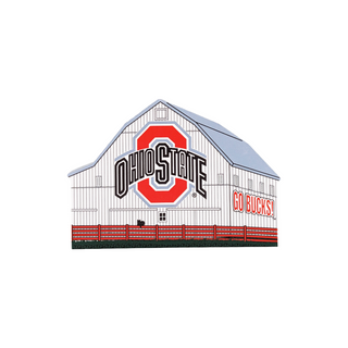 3/4" thick wooden replica with an illustration of a Barn with Ohio State logo and 'Go Bucks' text on a white background