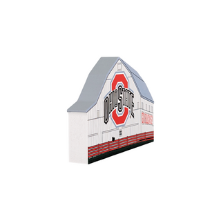 3/4" thick wooden replica with an illustration of a Barn with Ohio State logo and 'Go Bucks' text on a white background