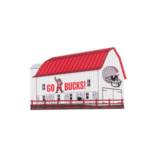 3/4" thick wooden replica with an illustration of a barn with red roof and 'GO BUCKS!' text on a white background