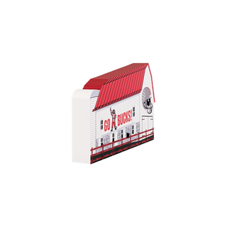3/4" thick wooden replica with an illustration of a barn with red roof and 'GO BUCKS!' text on a white background