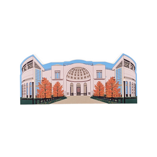3/4" thick wooden replica with an illustration of a large building with trees in front on a white background