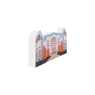 3/4" thick wooden replica with an illustration of a large building with trees in front on a white background