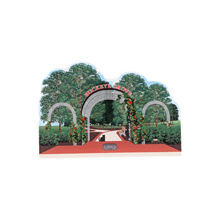 3/4" thick wooden replica with an illustration of a garden with arches and flowers 