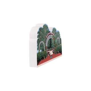 3/4" thick wooden replica with an illustration of a garden with arches and flowers 
