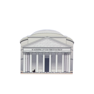3/4" thick wooden cutout of a classical building with columns and a dome, featuring text and a black cat.
