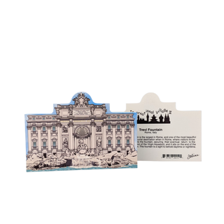 3/4" thick wooden replica with an Illustration of the Trevi Fountain in Rome, Italy, on a white background.