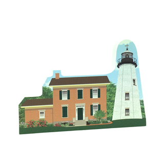 3/4" thick wooden replica with an Illustration of a lighthouse design on a white background