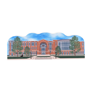 3/4" thick wooden replica with an Illustration of a brick building with trees and a blue sky