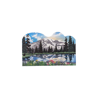 3/4" wooden cut out replica of an illustration  with a mountain and lake  on a white background