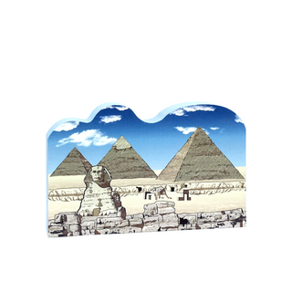 3/4" thick wooden replica with an Illustration of the Pyramids and Sphinx with a blue sky background