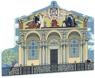 3/4" thick wooden replica with an Illustration of  a church facade with a colorful mosaic above the entrance