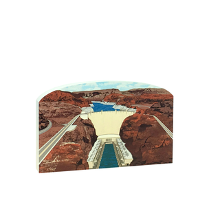 3/4" thick wooden Model of a dam with a scenic landscape on a white background