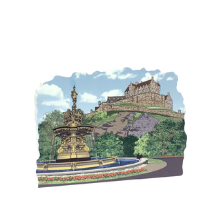 3/4" thick wooden cutout of a Fountain with castle on a hill in the background