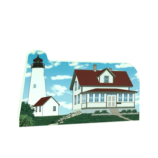 3/4" thick wooden replica with an Illustration of a lighthouse design on a white background
