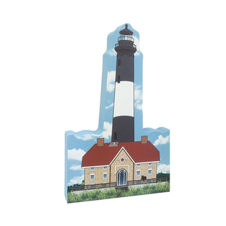 3/4" thick wooden replica with an Illustration of a lighthouse design on a white background