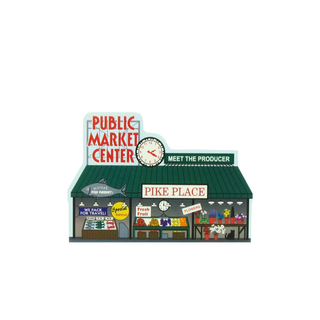 3/4" thick wooden cutout of  a market scene with 'Public Market Center' and 'Pike Place' signs.