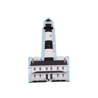 3/4" wooden replica with an illustration of a white and black lighthouse on a white background 