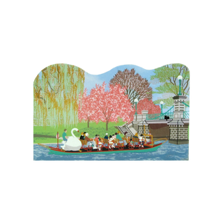 3/4" thick wooden illustration of a swan boat with people in a park setting with cherry blossom trees.