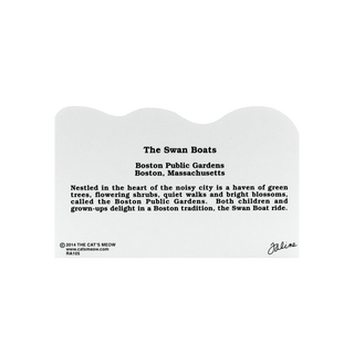 3/4" thick wooden model with a text description of Swan Boats at Boston Public Gardens on a white background