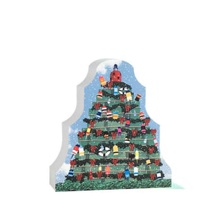 3/4" thick wooden replica with an illustration of a Christmas tree with lobster traps and colorful ornaments on a white background