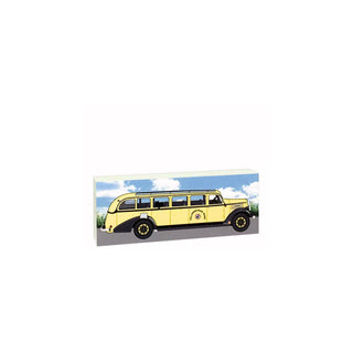 3/4" wooden replica with an illustration of a yellow bus on a box with a scenic background