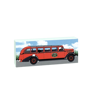 3/4" thick wooden illustration of a red bus with a scenic background