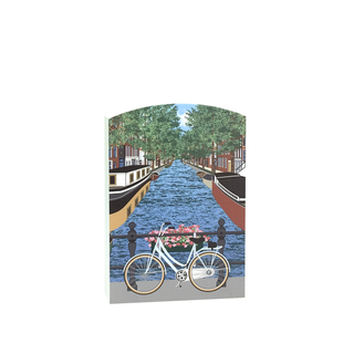 3/4" thick wooden replica with an Illustration with a bicycle and flower basket on a canal scene