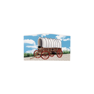 3/4" thick wooden figurine of a covered Wagon with a white cover on a grassy field with a blue sky background