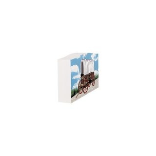 3/4" thick wooden figurine  with a design of a covered wagon on a white background