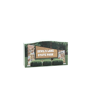 3/4" thick wooden cutout of  Devil's Lake State Park with stone wall and wooden sign
