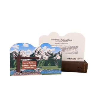 3/4" wooden replica with an illustration with Grand Teton National Park design and descriptive text on a white background