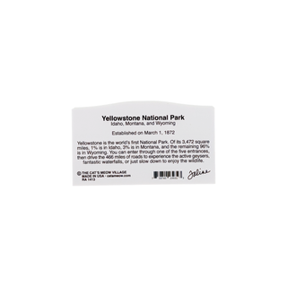 back of product with black text about Yellowstone National Park information card on a white background