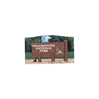 3/4" wooden replica with an illustration of a 'Yellowstone National Park' text against a scenic background