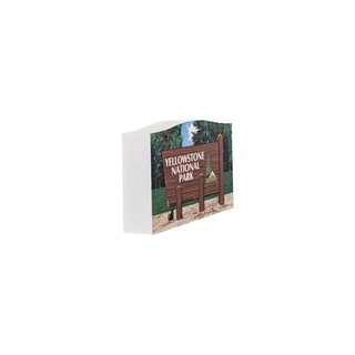 3/4" wooden replica with an illustration of the yellowstone national park welcome sign 