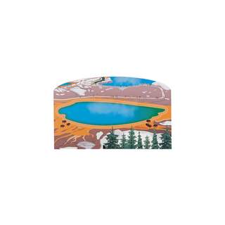 3/4" wooden replica with an illustration with a landscape design featuring lakes, trees, and roads on a white background.