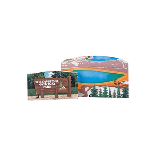 3/4" wooden replica with an illustration of a Yellowstone National Park sign with scenic illustration on a white background