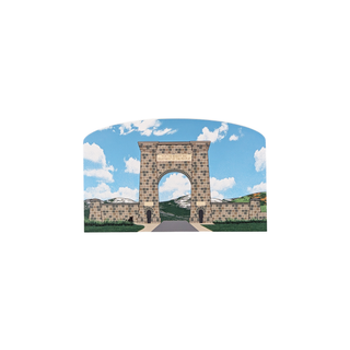 3/4" wooden replica with an illustration of a Stone archway with a scenic background on a white background