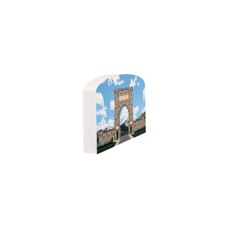 3/4" wooden replica with an illustration of a stone archway and blue sky on a white background