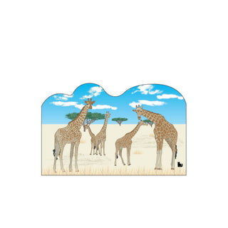3/4" thick wooden cutout of  giraffes in a savannah with a blue sky and clouds.