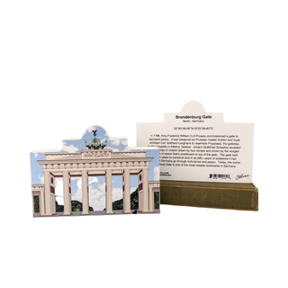 3/4" thick wooden replica with an Illustration of the Brandenburg Gate with descriptive text on a white background