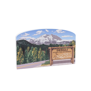 wooden replica with an illustration of  a mountain and Denali National Park and Preserve sign 