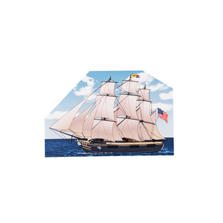 3/4" wooden replica with an illustration of Sailing ship with a blue sky and clouds in the background