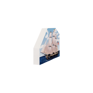 3/4" wooden replica with an illustration of Sailing ship with a blue sky and clouds in the background