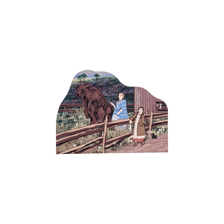 3/4" thick wooden figurine of a woman and child standing on a wooden bridge with a bear nearby.