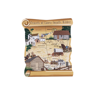 3/4" thick wooden Decorative scroll with illustrations of a wagon and buildings on a white background
