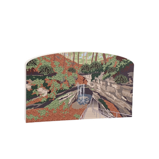 3/4" thick wooden illustration of a waterfall, greenery and rocks