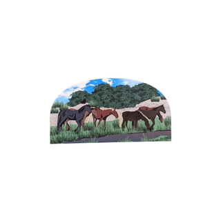3/4" wooden replica with an illustration of horses in a field on a white background